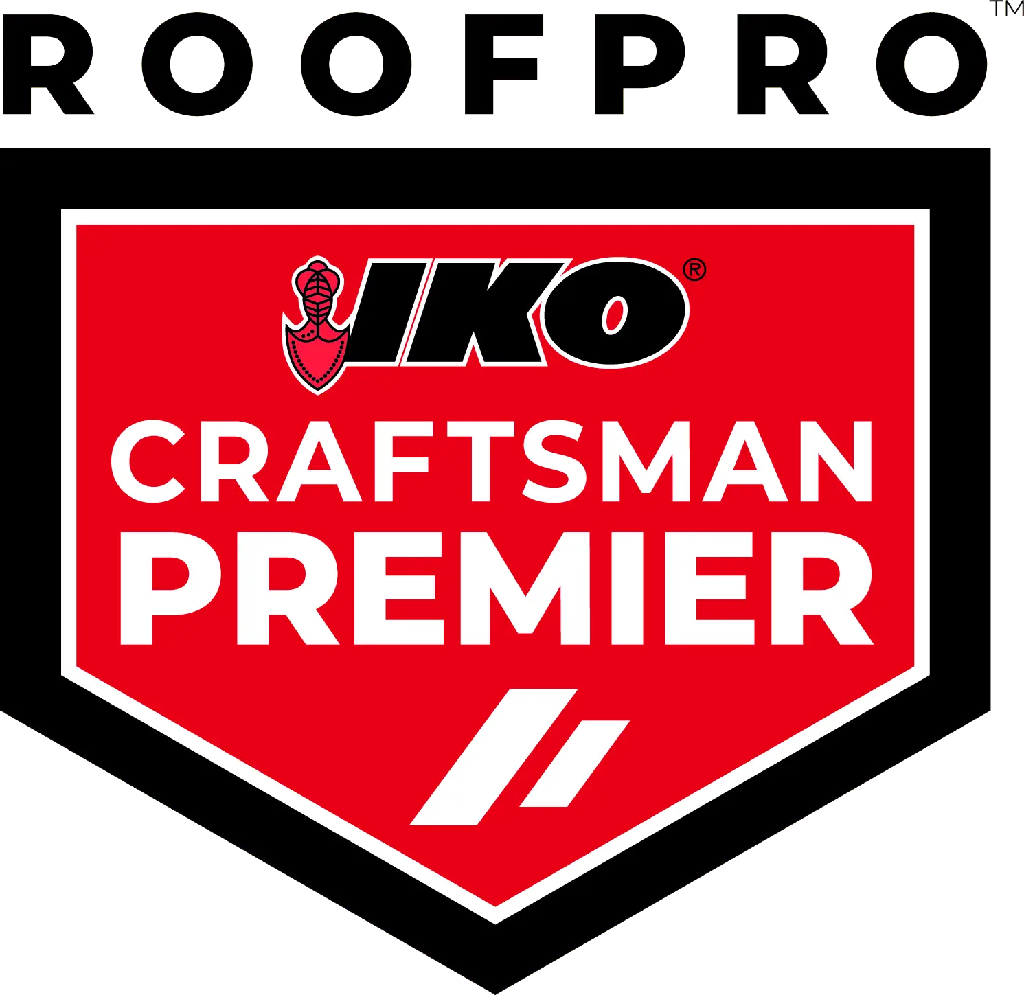 Logo of IKO Craftsman Premier on a red and black shield with a yellow and black border.