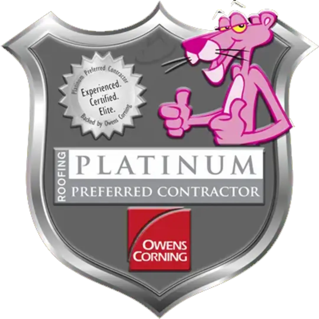 A silver shield with a pink cartoon panther giving a thumbs-up and the logo of Owens Corning.