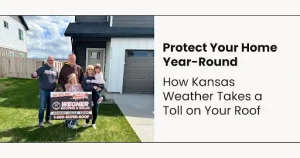 A family in front of a house holding a sign about protecting roofs from Kansas weather.