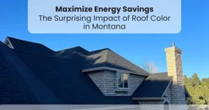 House with dark roof and text about energy savings and roof color impact.