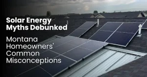 Solar panels on a roof under a stormy sky with text about debunking solar energy myths.