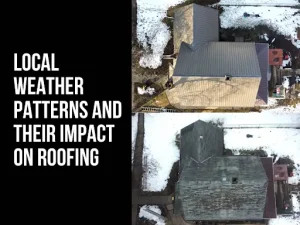 Aerial view of two houses with different roof conditions, with a caption about weather impact on roofing.