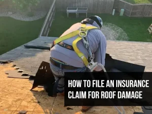 Worker in a harness repairing a damaged roof with text "How to file an insurance claim for roof damage".