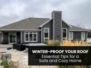 Suburban house with a text overlay about winter-proofing your roof.