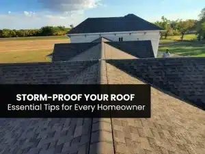 Aerial view of a house with a shingled roof, featuring a caption about storm-proofing roofs with essential homeowner tips.