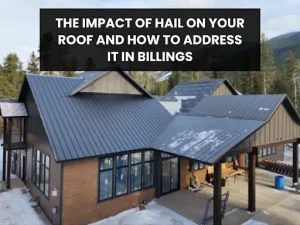 A modern home with a metal roof showing signs of hail damage, surrounded by trees, under a clear blue sky.