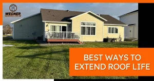 A well-maintained yellow house with a deck, green lawn, and clear sky, featuring text on roof maintenance tips.