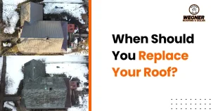 Aerial view of two houses side by side, one with a new roof and the other with an aging roof, with text asking about roof replacement timing.