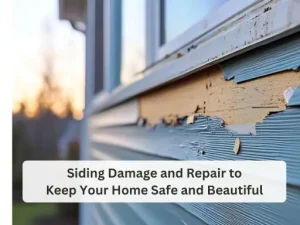 Close-up of damaged house siding needing repair, with a sunset view in the background and a text overlay about home safety.