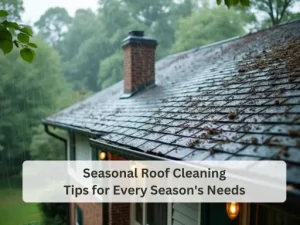 Rainy roof scene with leaves and debris, featuring a text overlay about seasonal roof cleaning tips for homeowners.