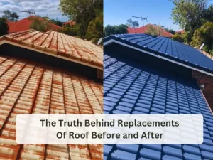 Side-by-side image of a roof before and after replacement: left is old and rusty, right is newly installed, dark blue tiles.