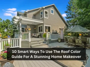 A modern home with a spacious deck and dining area, surrounded by greenery, featuring a guide for a roof color makeover.