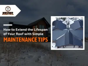 Graphic promoting roof maintenance tips, featuring a modern house and an aerial view of roofs, with a title emphasizing lifespan extension.