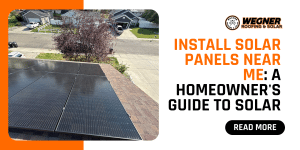 Rooftop solar panels with banner text promoting install solar panels near me guide for homeowner