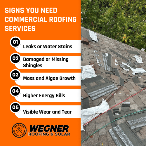 Signs you need commercial roofing contractors near me, including leaks, missing shingles, moss, and higher energy bills for roof repairs