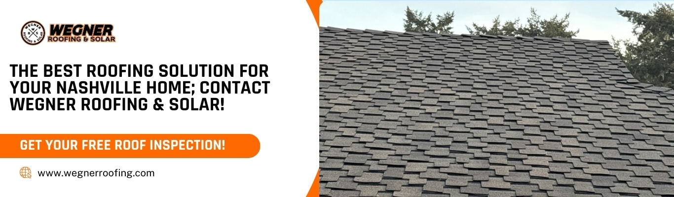 A close-up view of a shingle roof with text overlay offering a free roof inspection for Nashville homeowners.