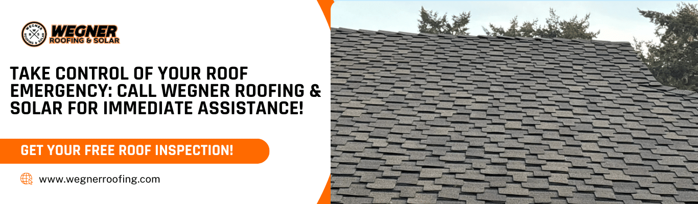 Call-to-action banner encouraging Des Moines homeowners to get a free roof inspection for emergency repairs from Wegner Roofing & Solar