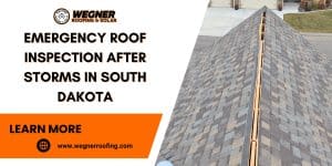 An image showing shingles and roofline, highlighting the need for emergency roof inspections after storms in South Dakota.