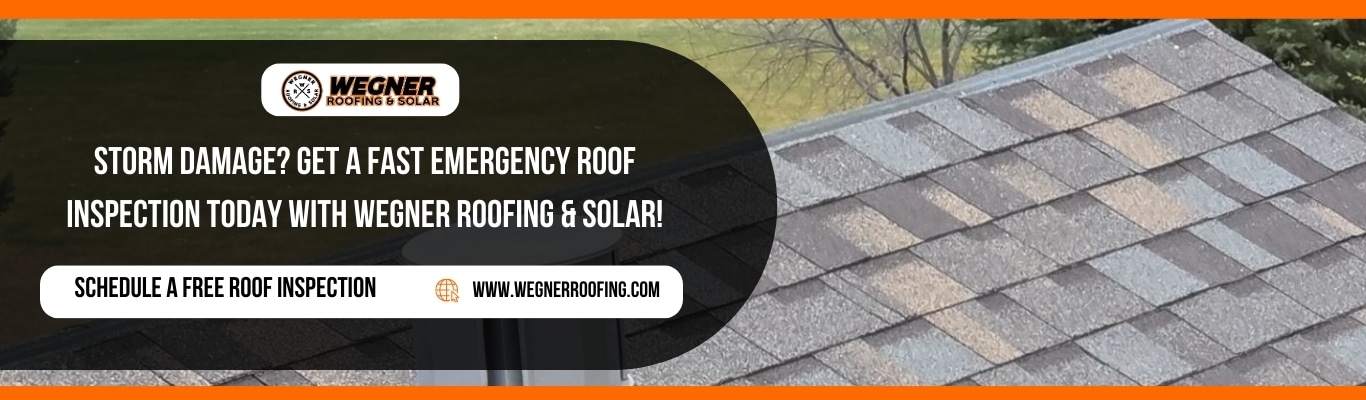 Close-up of a roof showing damage with a call to action for fast emergency roof inspection from Wegner Roofing & Solar.