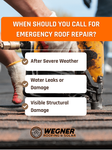 Checklist infographic titled "When Should You Call for Emergency Roof Repair?" showing reasons to call a roof repair near me service, including after severe weather, water leaks, or visible structural damage.