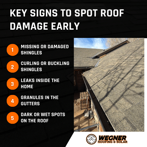 Key signs to spot roof damage early, including missing shingles, leaks, and granules, to prevent costly repairs