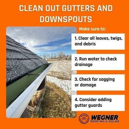 Winter roof preparation by Wegner Roofing & Solar: cleaning gutters and downspouts in Billings to stop ice dams.