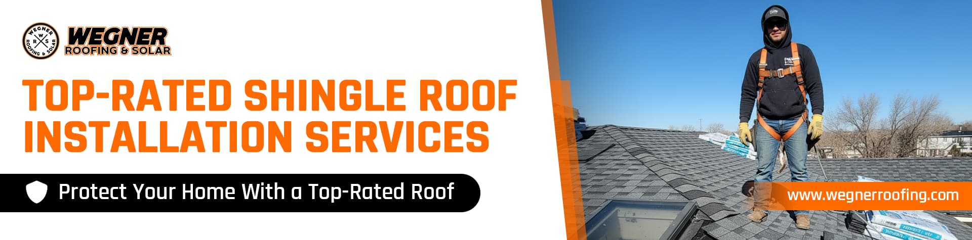 Shingle roof installation services are provided by Wegner Roofing & Solar. A worker stands on a new shingle roof with skylight.