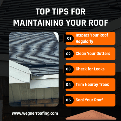 Roof maintenance tips including gutter cleaning, leak checks, and tree trimming by Wegner Roofing & Solar.