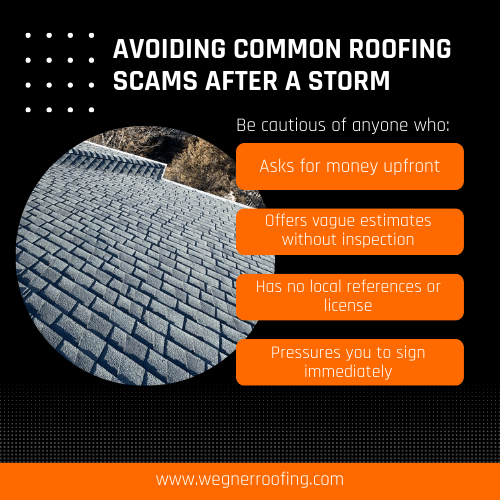 Avoid storm chasers: roofing companies near me scam warning graphic for Nashville storm repairs