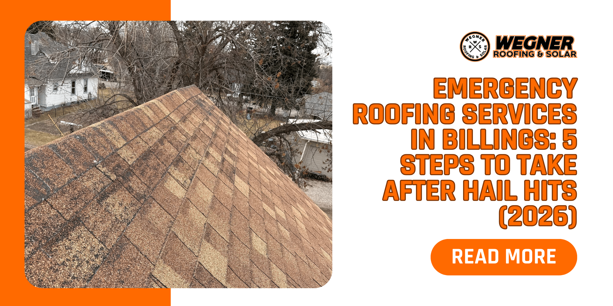 Emergency roofing services in Billings after hail damage, showing shingle wear and storm impact on residential roof