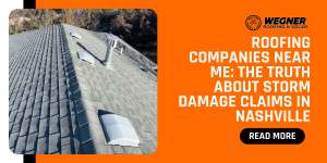roofing companies near me Nashville: storm damage claims blog featured image with roof aerial and Read More button
