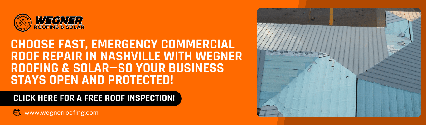 Emergency roof repair banner—commercial roofers near me in Nashville TN with free inspection call-to-action