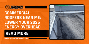 Commercial roofers near me repairing flat commercial roof in Des Moines to lower energy costs