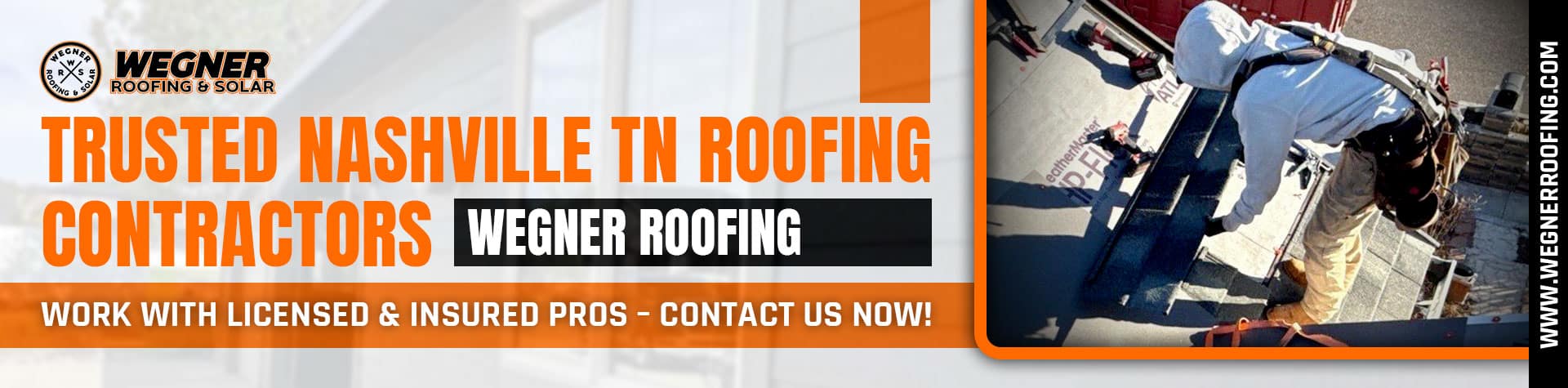 Roofing contractors: A contractor wearing a white hoodie and safety harness is installing shingles on a roof for Wegner Roofing & Solar in Nashville, TN.