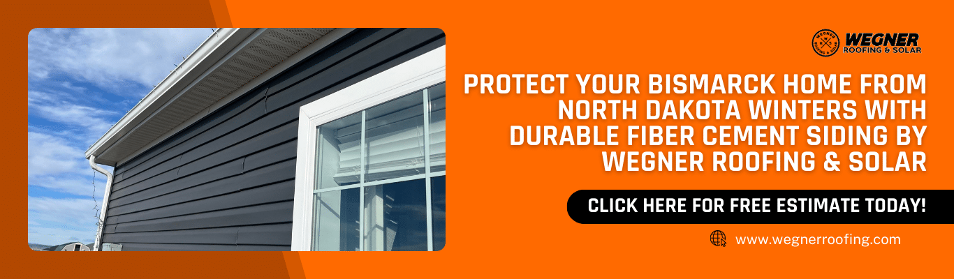 Banner with gray lap siding, white window, and blue sky. Text about fiber cement siding cost in Bismarck