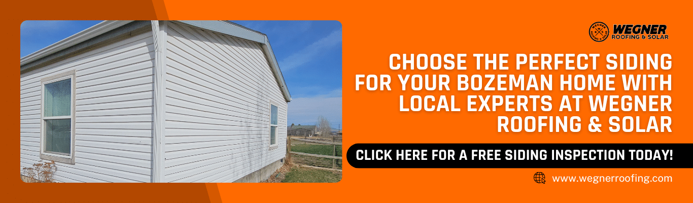 Bozeman home with light grey vinyl siding, and a call-to-action to compare vinyl siding vs fiber cement