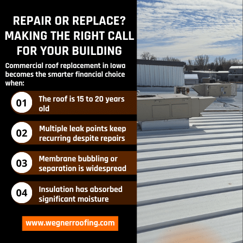 When to choose commercial roof replacement in Iowa vs. repair? Four signs from Wegner Roofing & Solar