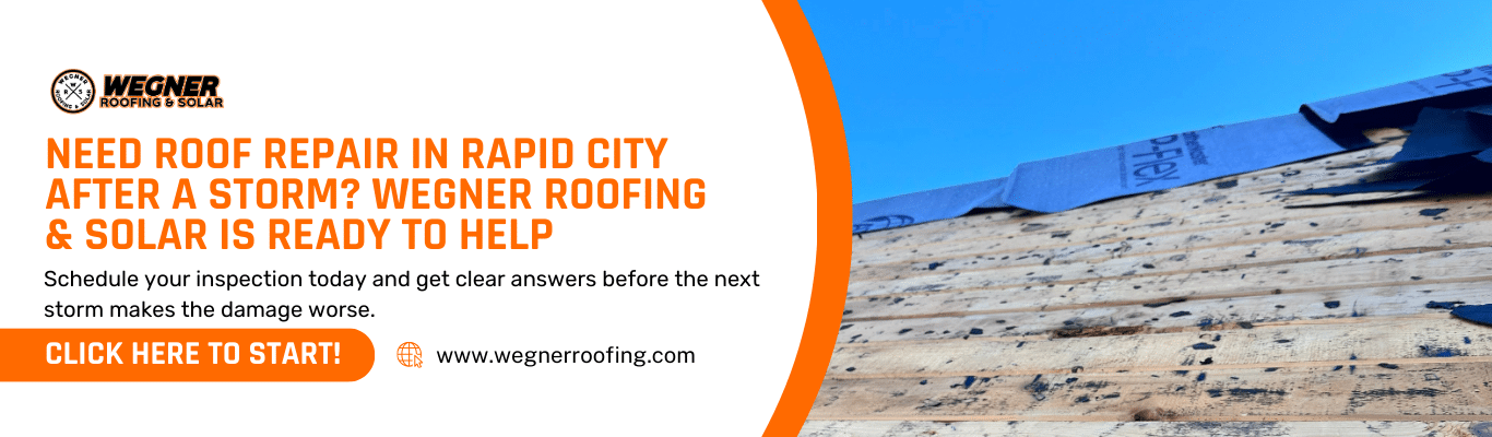 Roof repair Rapid City SD call-to-action banner with storm-damaged roof and inspection message