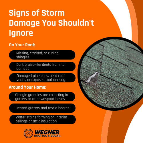 Checklist infographic of roof repair in Sioux Falls SD storm damage signs, like hail dents