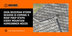 Blog header showing a roof valley close-up for Bozeman storm season roofing prep in 2026