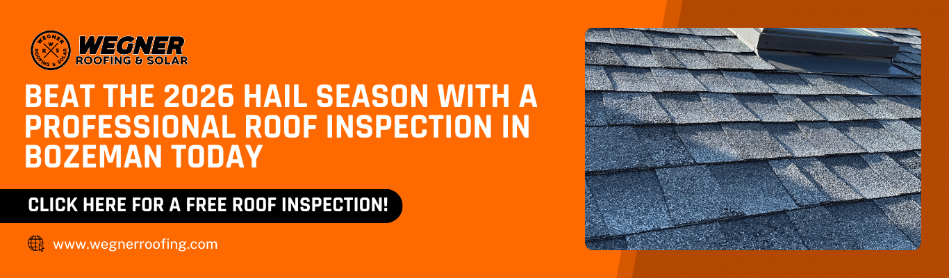 CTA banner for free roof inspection to prepare for Bozeman storm season roofing, showing close-up shingles