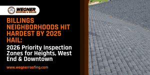 Infographic displaying roof inspection markings highlighting severe billings heights hail damage from 2025 storms