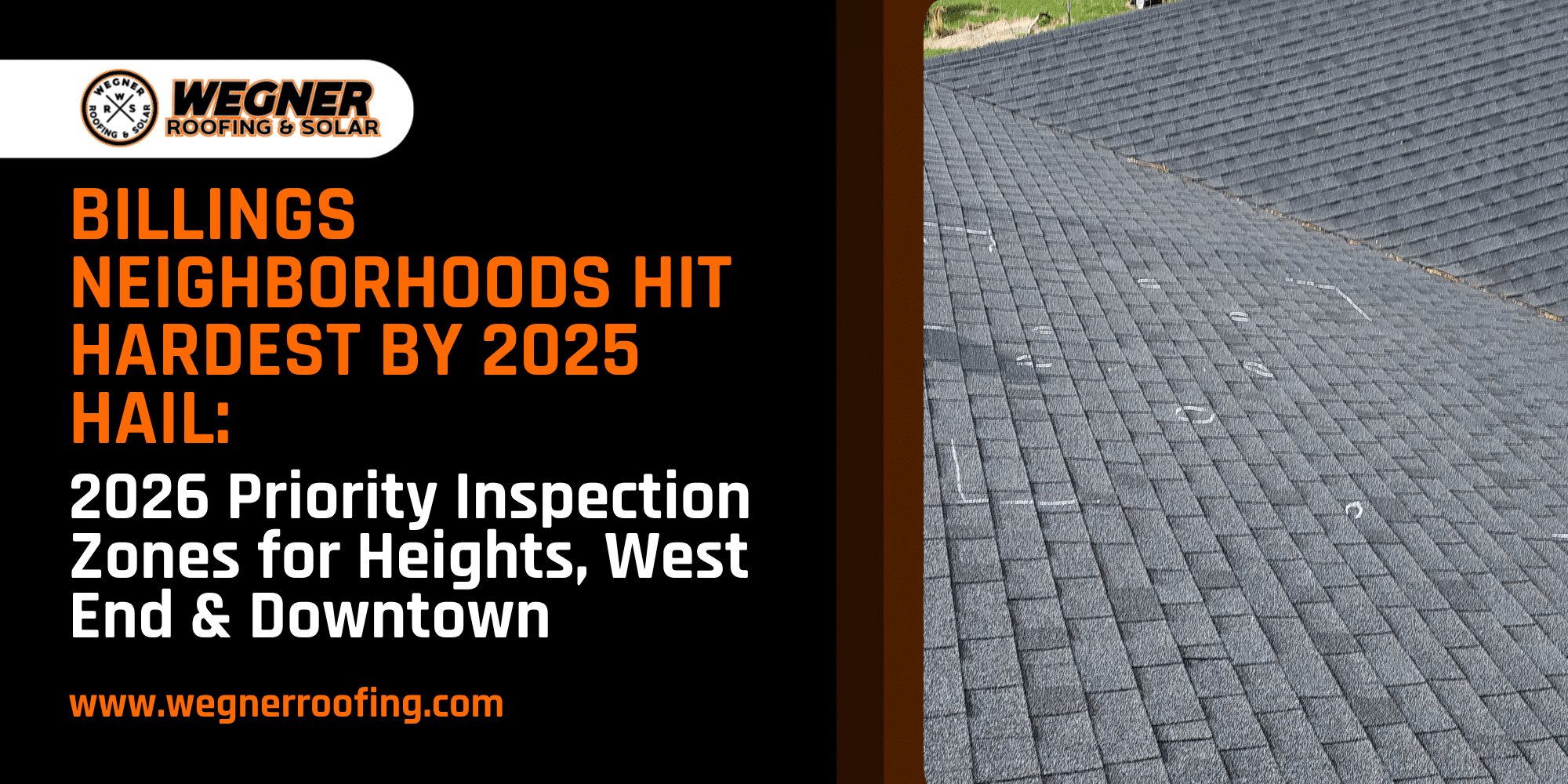 Infographic displaying roof inspection markings highlighting severe billings heights hail damage from 2025 storms