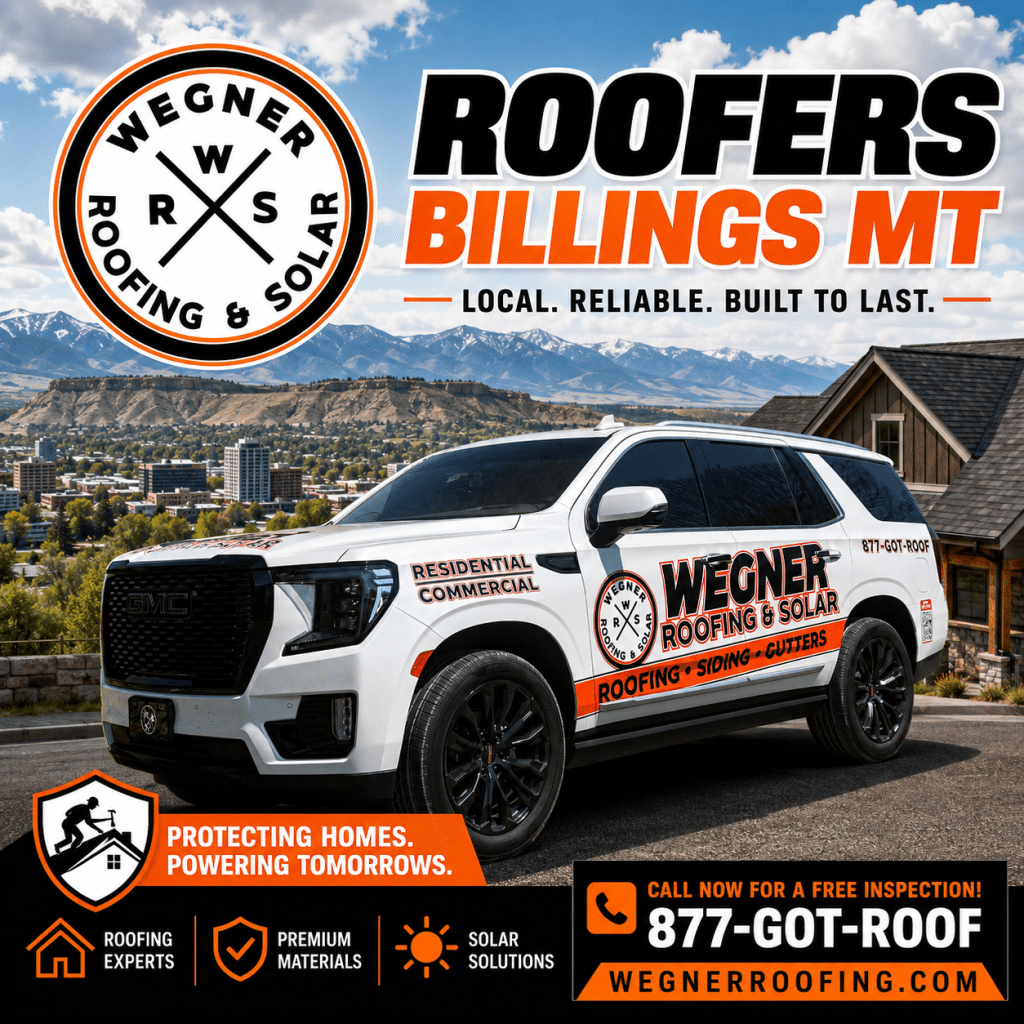 Wegner Roofing & Solar service truck in front of mountains. Top-rated Roofers Billings MT for residential and commercial.