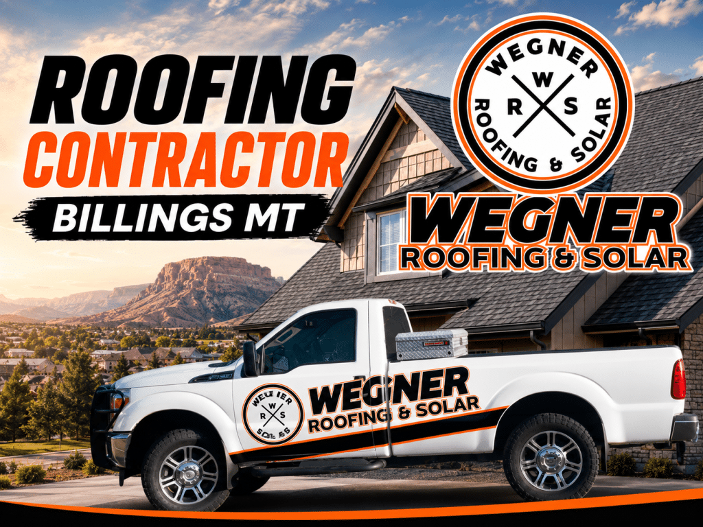 A Wegner Roofing & Solar company truck parked near a house by a Roofing Contractor Billings MT.