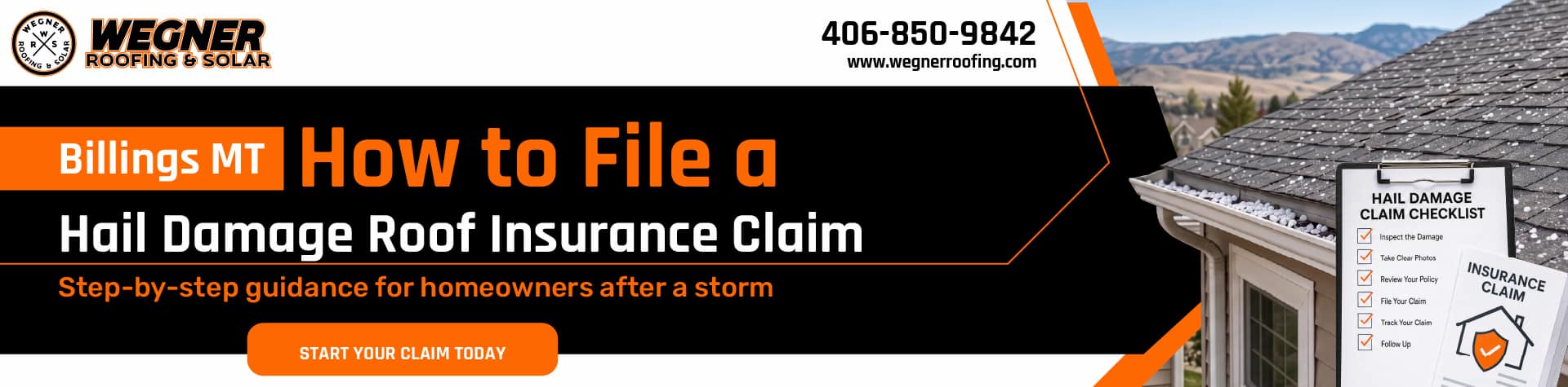 Clipboard on roof with hail damage showing hail damage roof insurance claim steps in Billings MT
