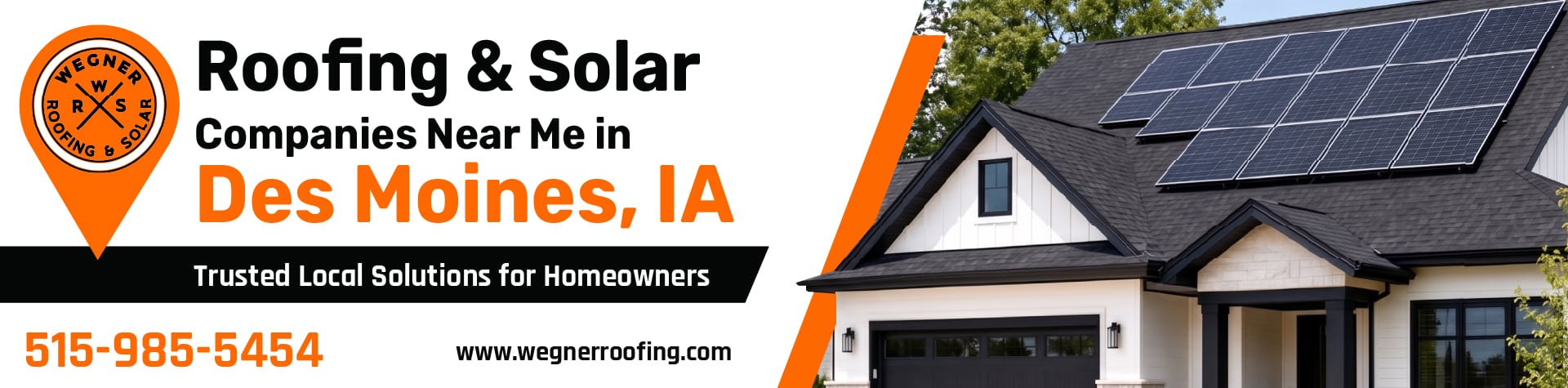 Modern home with solar panels, promoting roofing and solar companies near me in Des Moines, IA for homeowners.