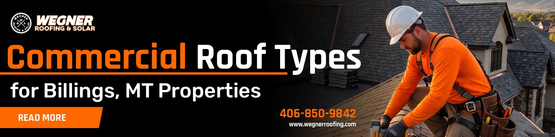 Commercial roof types for Billings, MT properties, showing a worker installing shingles on a commercial building roof.