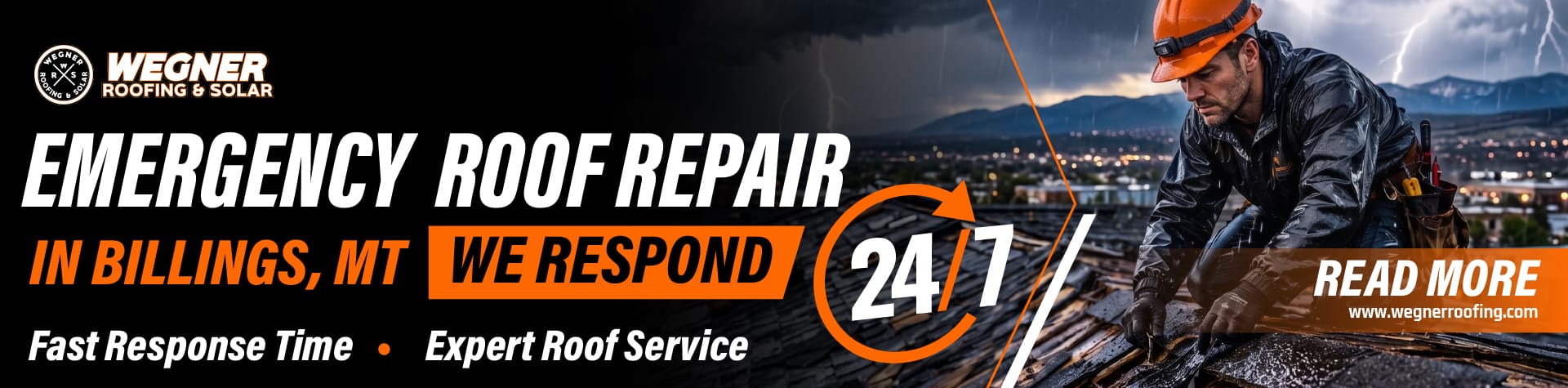 Emergency roof repair in Billings MT showing roofer providing 24/7 storm damage service during severe weather.