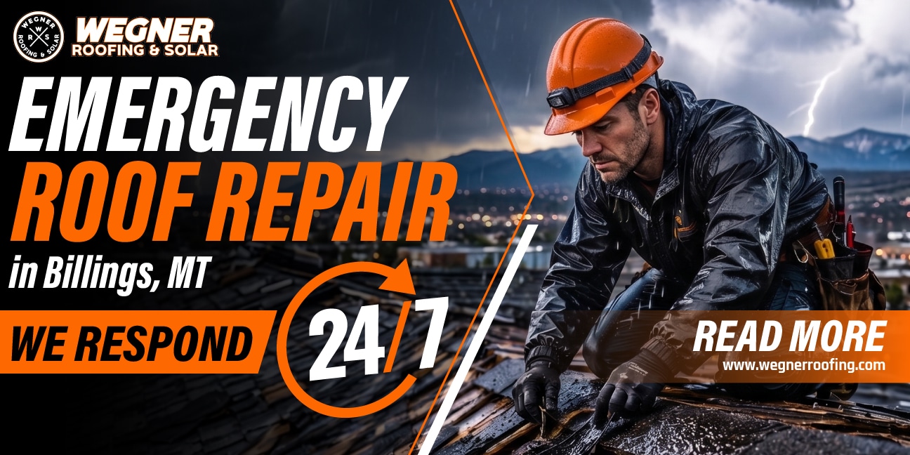 Emergency roof repair in Billings MT showing roofer fixing storm damaged roof during severe weather response.